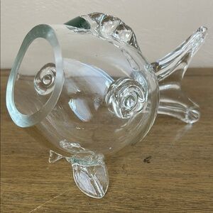 Blenko Style MCM Art Handblown Crystal Clear Glass Fish Shaped Bowl Vase Planter